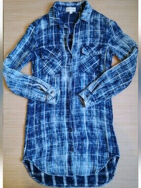 Cloth & Stone Anthropologie Plaid Pockets Dress Shirt Acid Wash Blue White XS